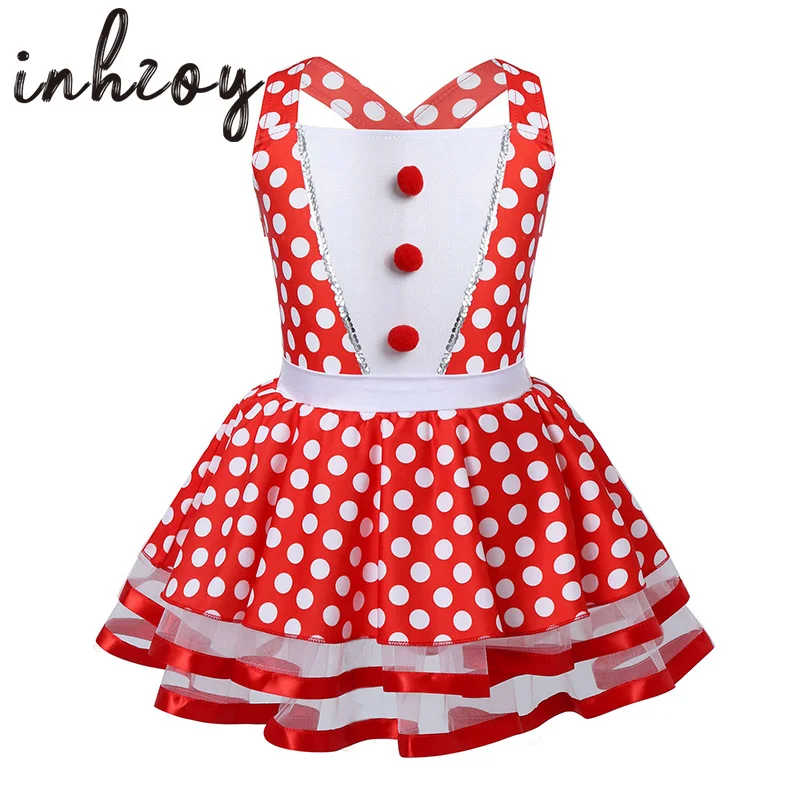 Kids Polka Dots Red Mesh Tutu Ballet Dress Children Girls Skirted Gymnastics Leotard Christmas Outfit Performance Dance Costume