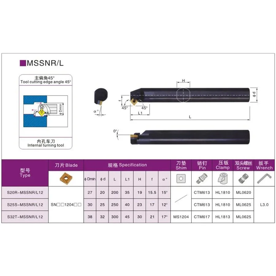 Internal Turning Tool Holder S20R-MSSNR12 Cutter S25S-MSSNR12 S20R-MSSNL12 S25S-MSSNL12 CNC Lathe Arbor,SNMG1204 Carbide Inserts