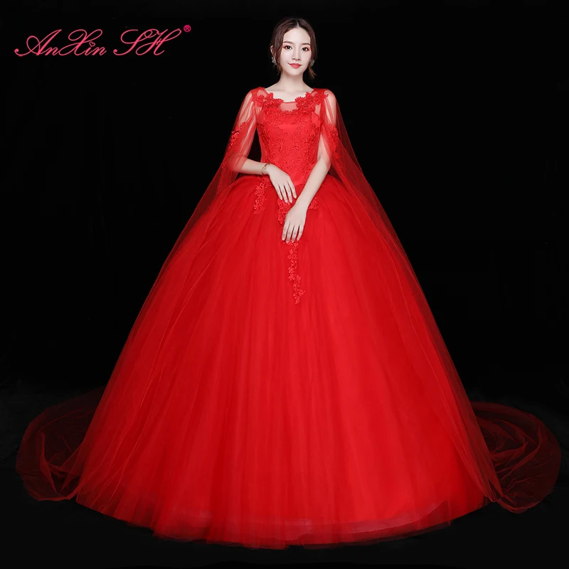 AnXin SH Flower princess red lace vintage o neck illusion sleeveless with lace Shawl party bride red customized wedding dress