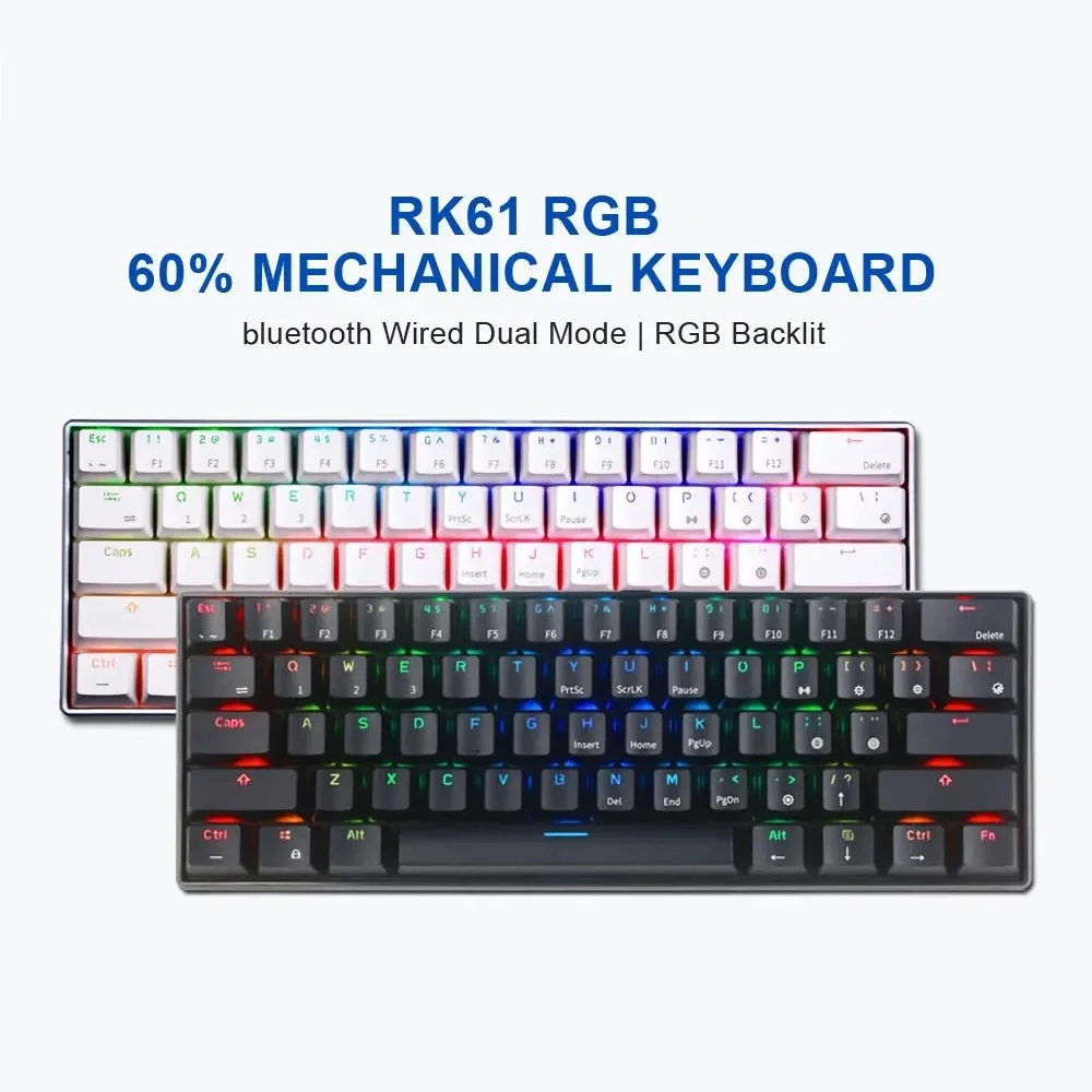 

RK61 Механическая игровая портативная мини-клавиатура с RGB-подсветкой, 61 клавиша, беспроводная Bluetooth-клавиатура, синий/коричневый/красный переключатель MX USB C PC