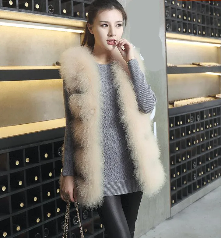 Women real ostrich feather fur vest beige warm stripe Fur Gilet Fall Winter Warm Waistcoat fashion V36