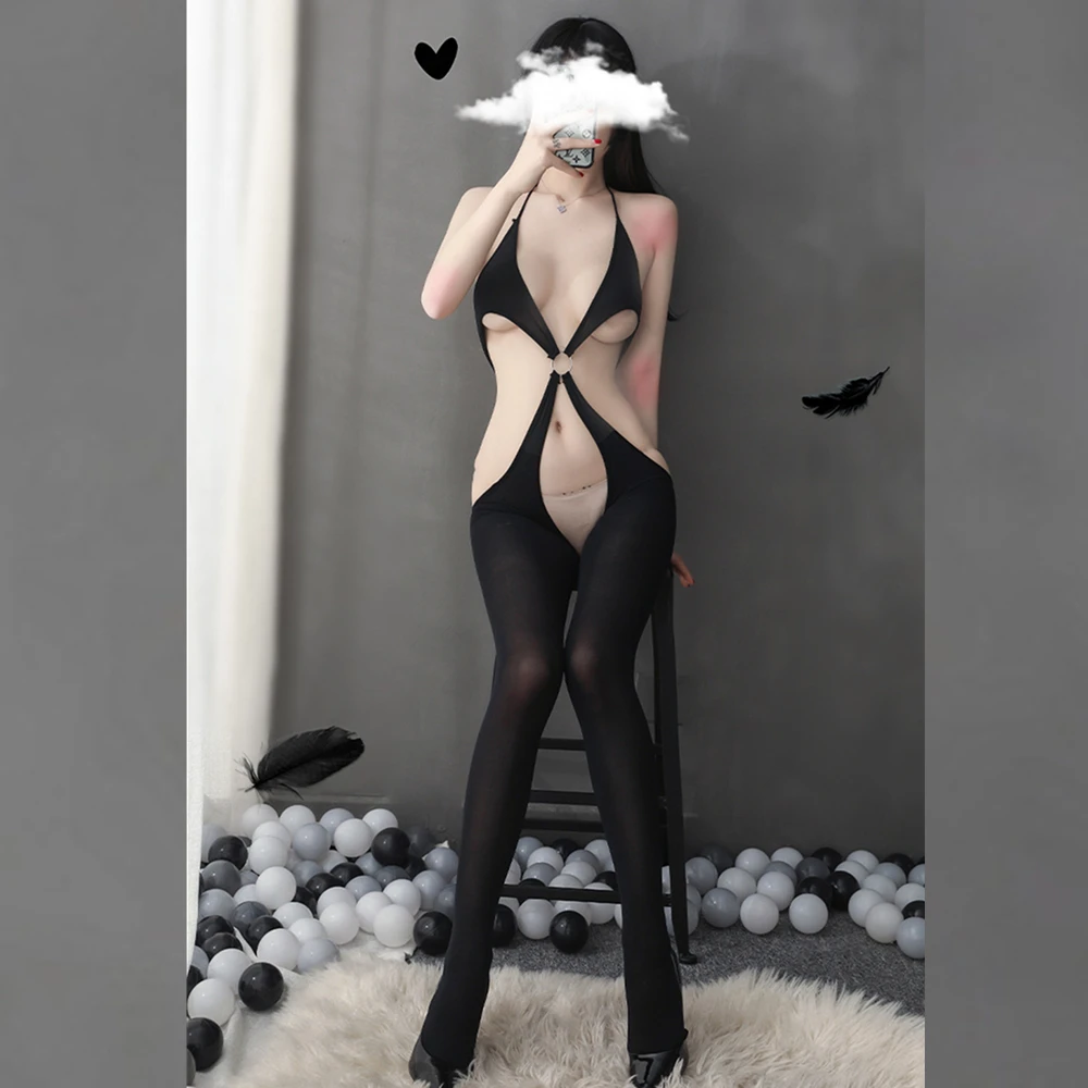 Catsuit ผู้หญิงสีดำเซ็กซี่โปร่งใส Bodycon ชุดเร้าอารมณ์เปิด Crotch Bodystockings ถุงน่องไนลอนสื่อลามกคอสเพลย์ชุดชั้นใน