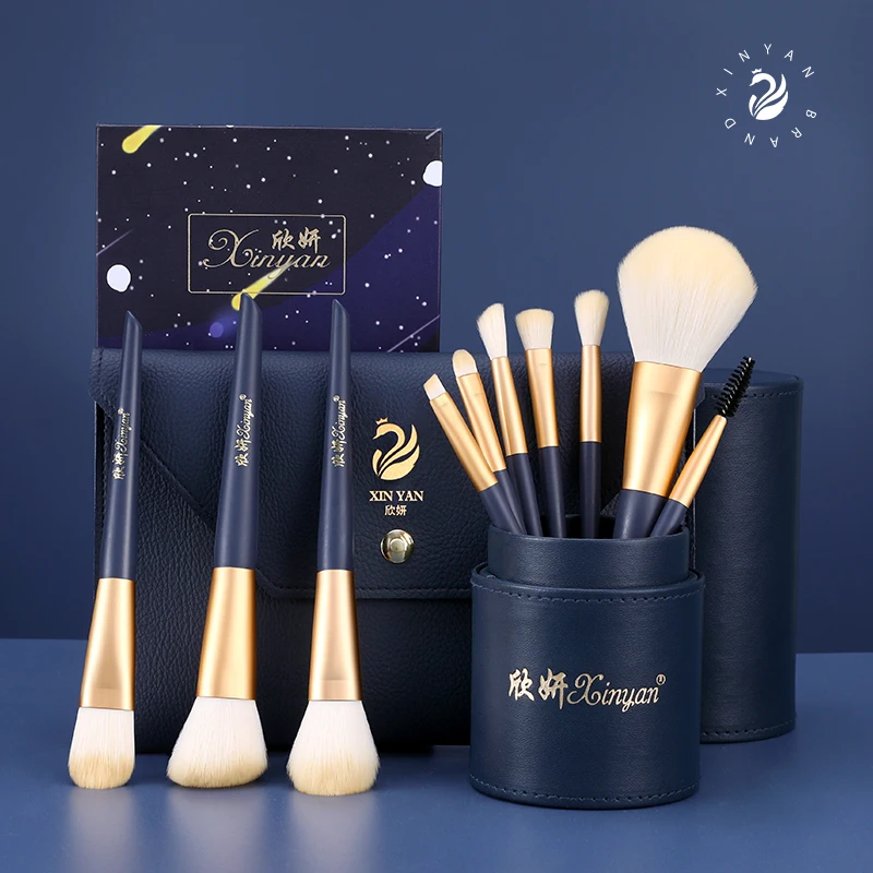 XINYAN 11Pcs Navy Blue Makeup Brushes Set Eyeshadow Powder Wood Handle Concealer Cosmetic Eyebrow Beauty Makeup Brushes Set Tool