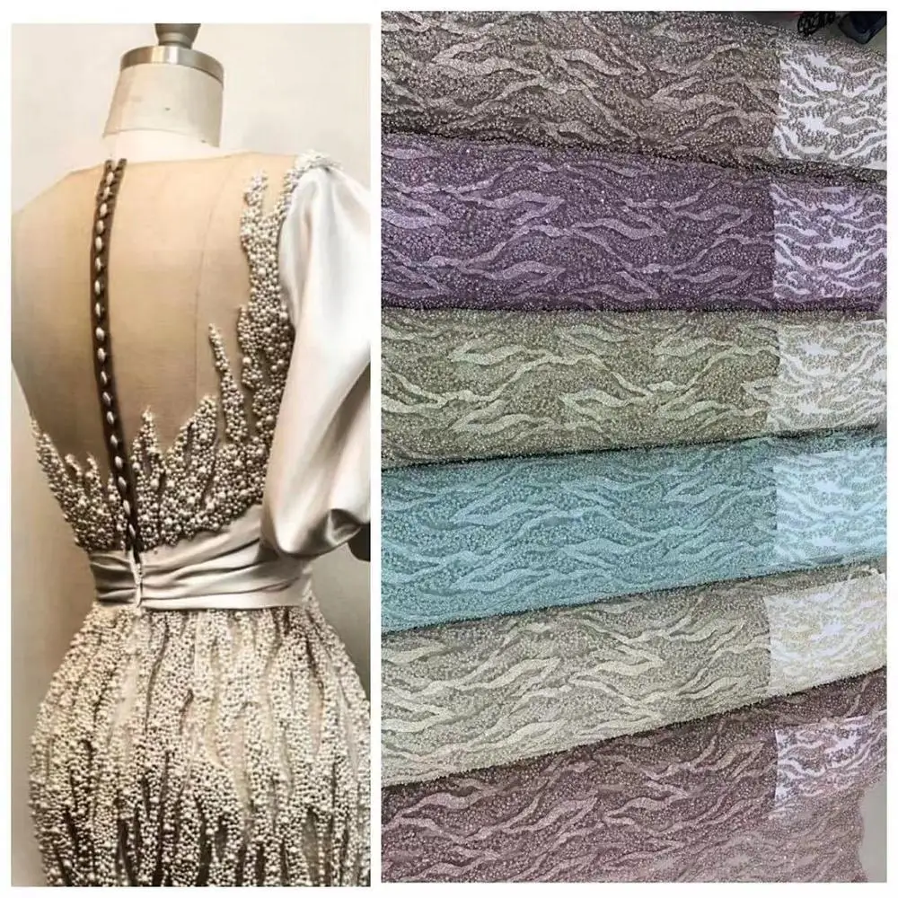 

1 Yard 2020 Pink/Green/Mint Luxury Heavy Handmade Beaded European Mesh Tulle Lace Fabrics For Wedding and Party Dressing African