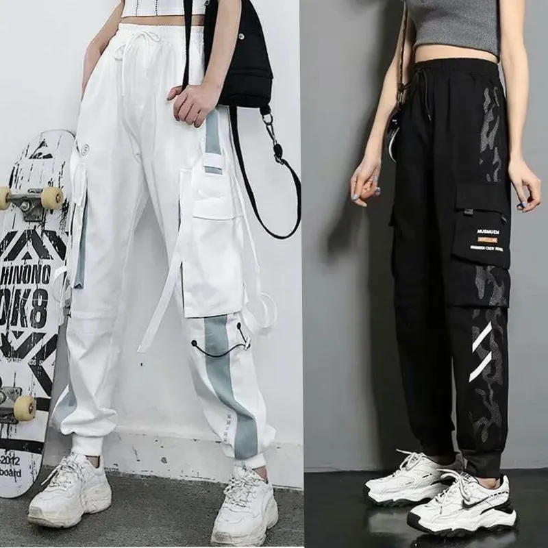 

Fashion Ankle-Tied Cargo Pants Women Elastic Waist Spring Handsome Loose High Waist Slimming Plus Size Casual Pants Sweat Pants