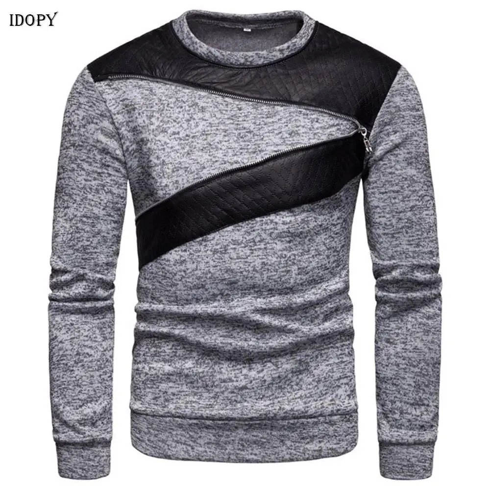 Idopy Men`s Autumn Spring Sweatshirt Faux Leather Patchwork Zipper Hip Hop Street Style Pullover Shirt Hoodie