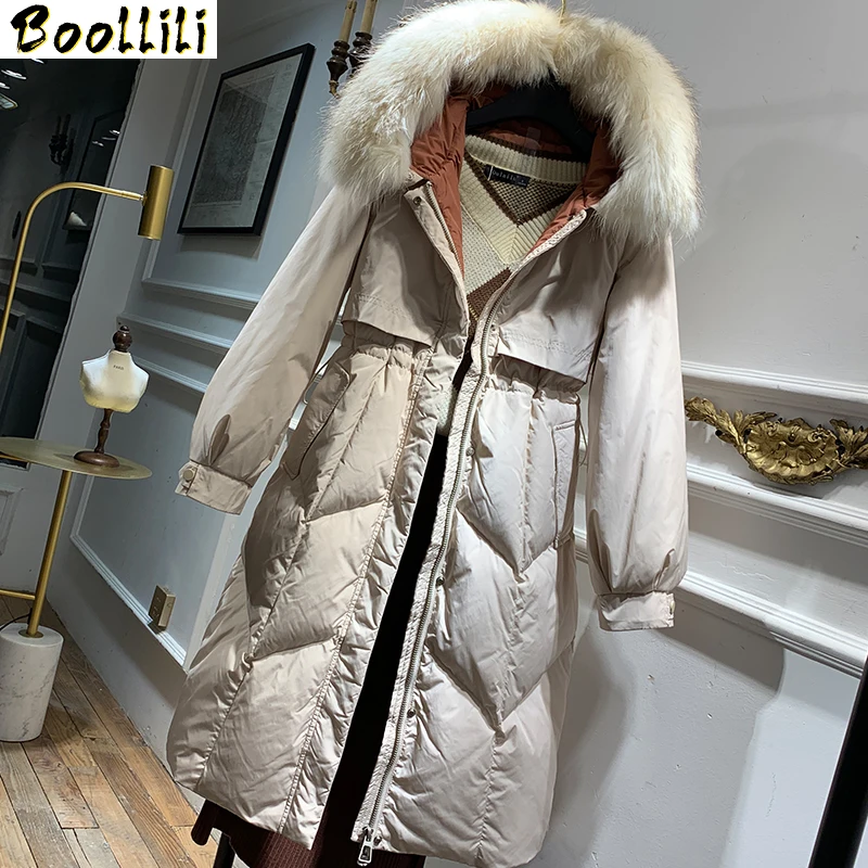 

2023 New Boollili White Duck Down Jacket Women Korean Big Fur Collar Winter Jacket Women Hooded Warm Parka Chaqueta Mujer