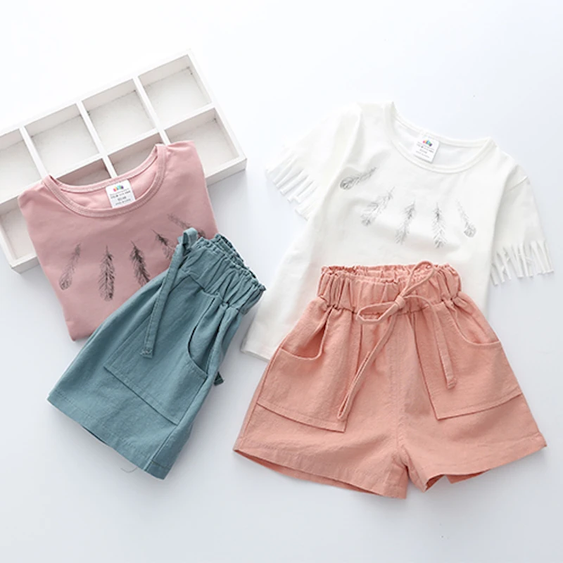 2024 Summer 3 4 6 8 10 Years Children Solid Color Cut Sleeve T-Shirt+Shorts Drawstring 2 Piece Tracksuit Kids Girl Clothing Set