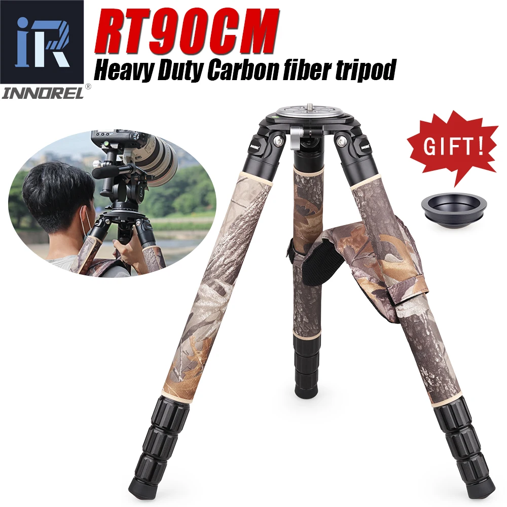 RT90CM Camouflage Professional Carbon Fiber Tripod Birdwatching Heavy Duty Camera Stand Stable with 75mm Bowl for DSLR Cameras