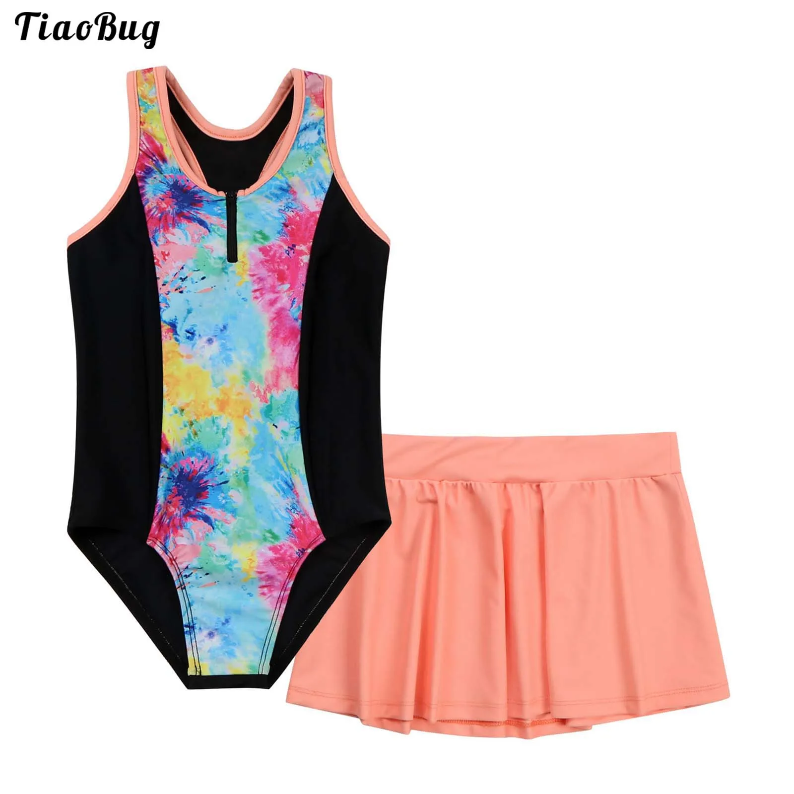 

TiaoBug Summer 2Pcs Kids Girls Swimming Suit Round Neck Sleeveless Racer Back Keyhole Back One-Piece Swimming Jumpsuit And Skirt