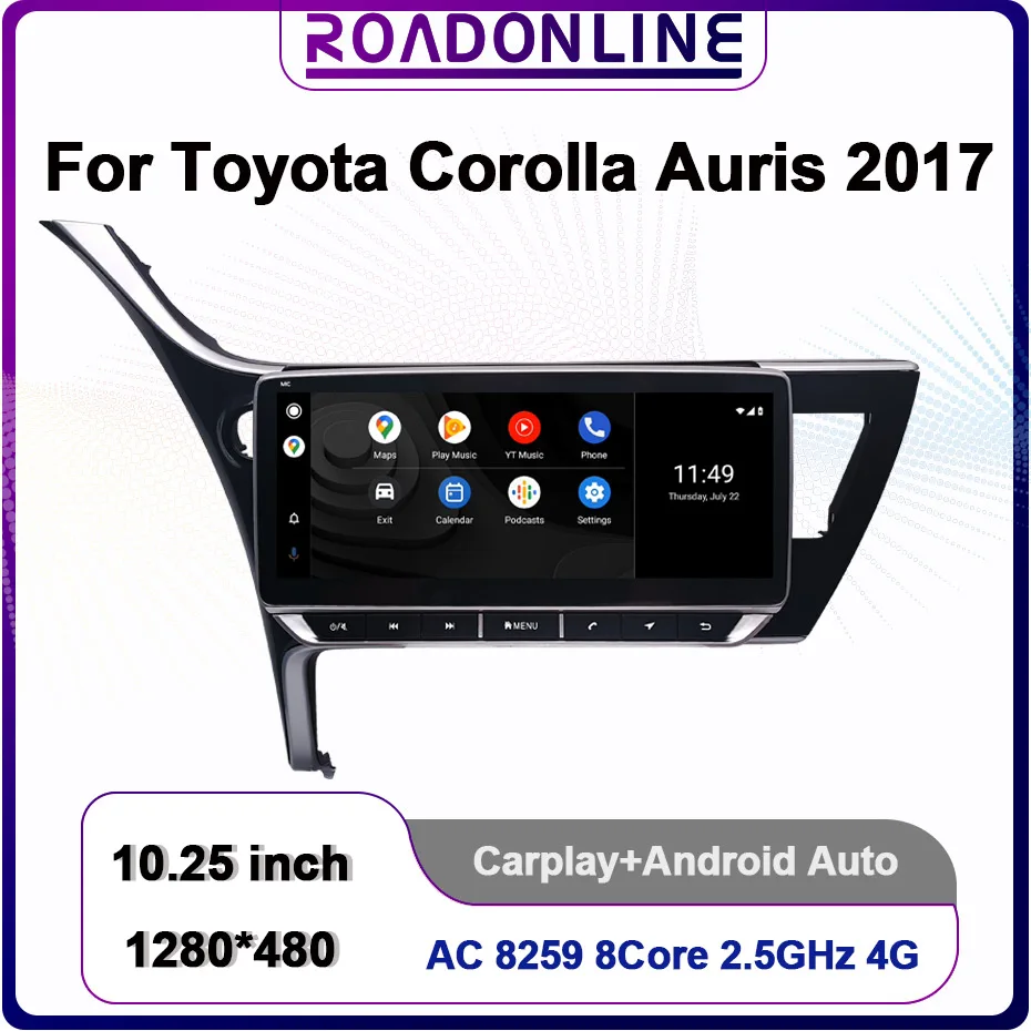 10.25 Inch For Toyota Corolla Auris 2017 Android 12 8 Core 8+128GB Car Multimedia Player Stereo Receiver Radio Wireless CarPlay