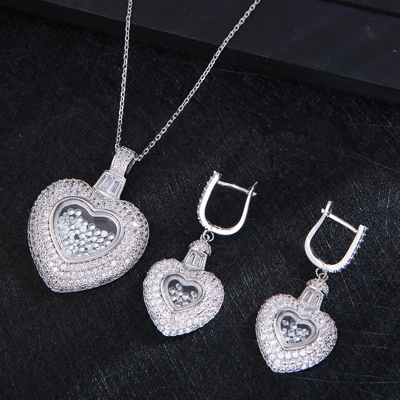 NEW Luxury Heart Pendant Lover\'s  Cubic Zircon CZ  For Women Wedding Dubai Bridal Jewelry Sets D1256