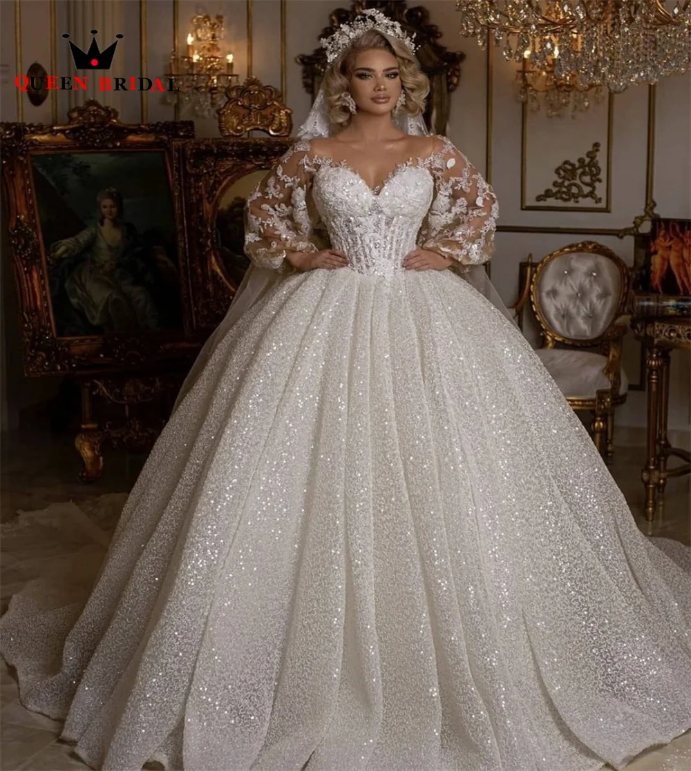 Luxury Dubai Wedding Dresses Ball Gown Long Sleeve Bling Bling Lace Sequins Appliques 2023 Formal Bridal Gown Custom Made JT35