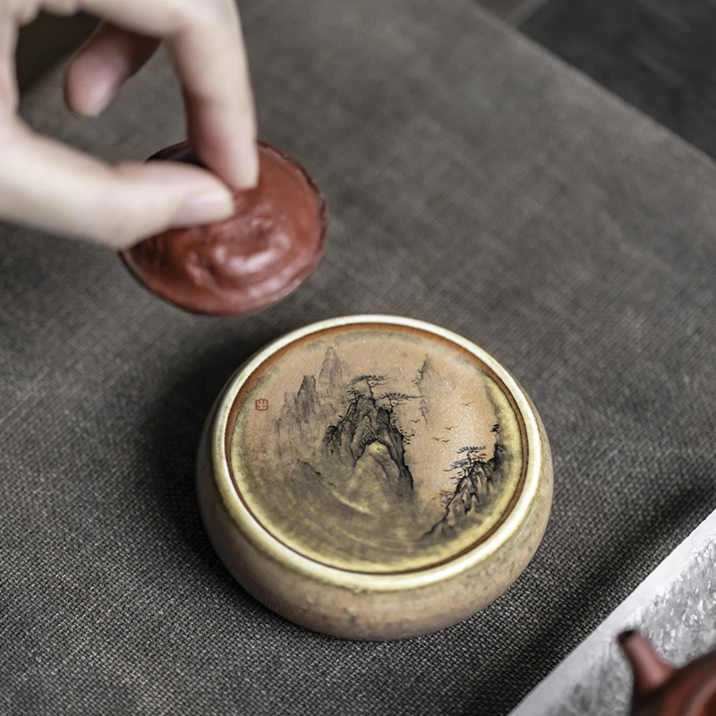 So pure hand-painted firewood landscape poem ceremony 】 ore iron lid cover cover holder frame cover aside large pot pad