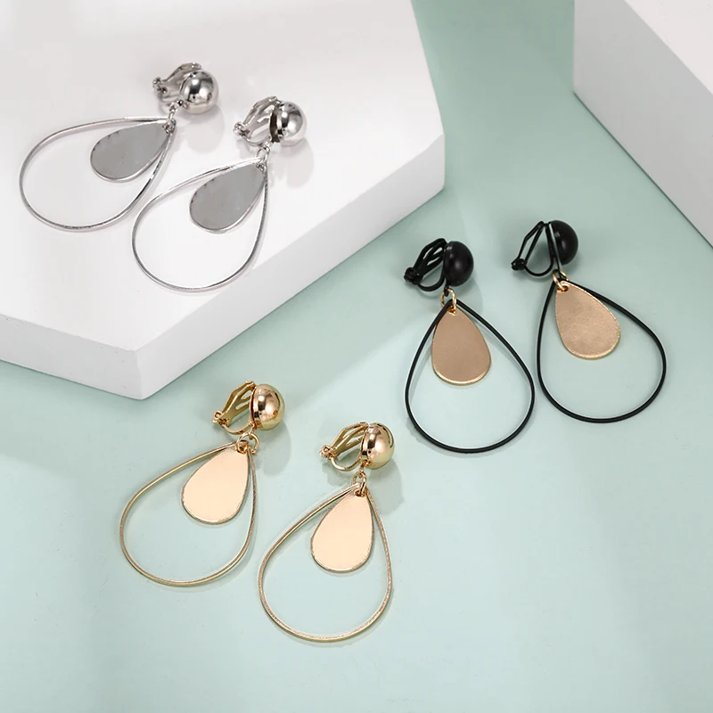 Silver Gold Black Teardrop Clip Earrings for Women Vintage Geometric Ear Clips Without Piercing Ears Brinco 2020 Fashion Jewelry