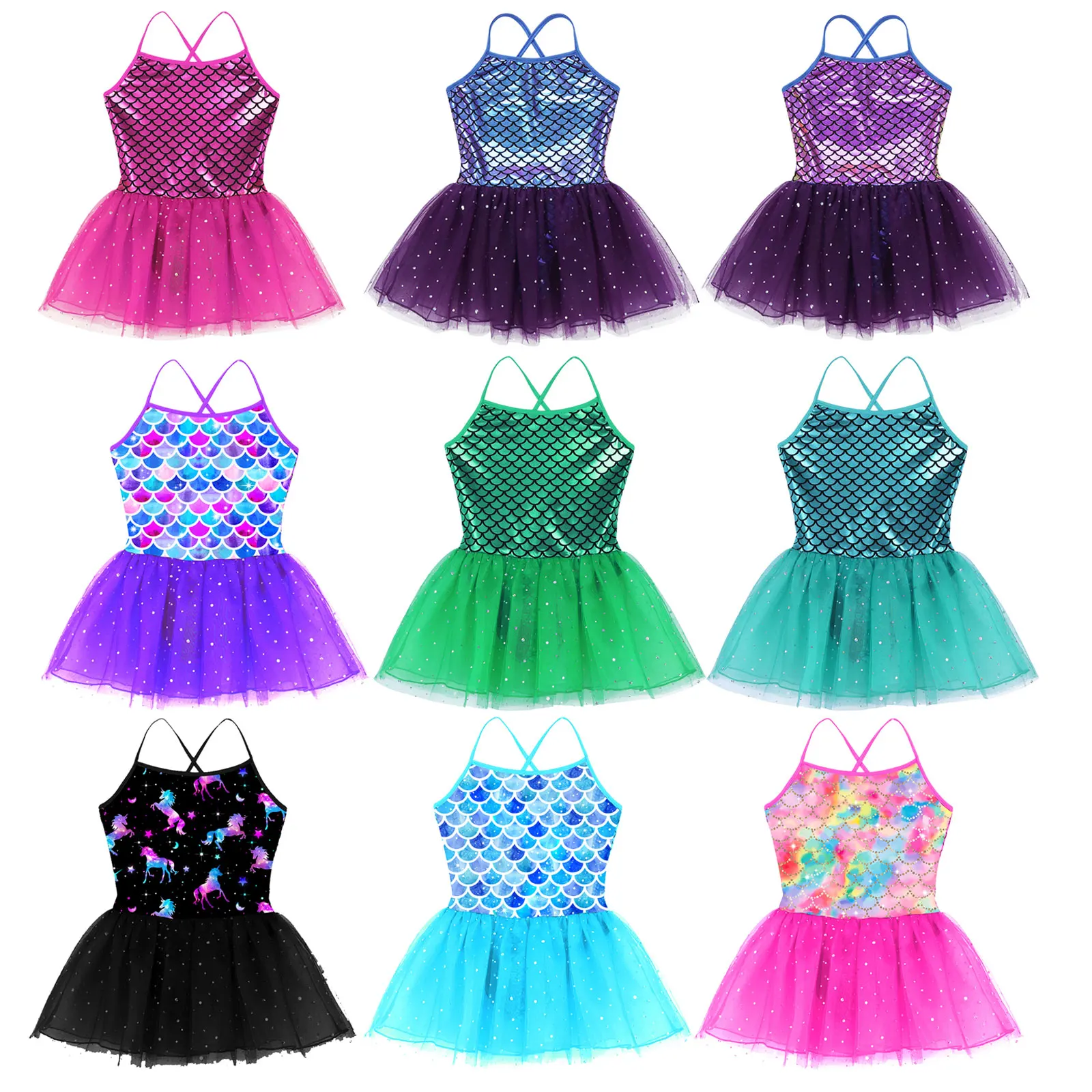 Kids Girls Glitter Mermaid Dress Spaghetti Shoulder Straps Scales Pattern Printed Ballet Dance Gymnastics Leotard Tutu Dress