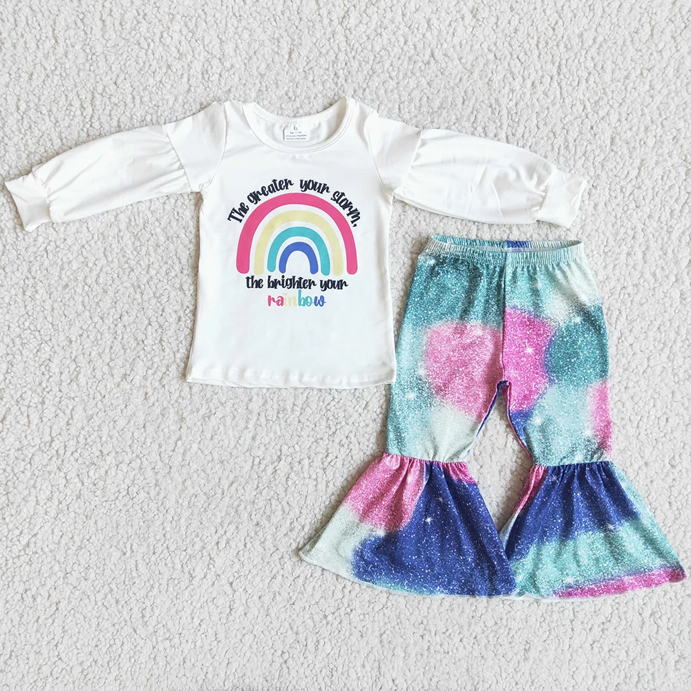

New Fashion Baby Girls Designer Clothes Rainbow Boutique Kids Clothes Girls Tie Dye Bell Bottom Outfits Toddler Girl Clothes Set