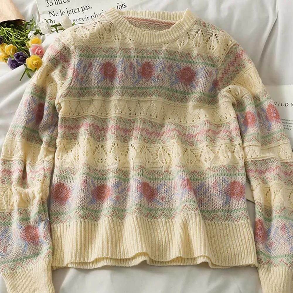 Spring Knitted Floral Print Hollow Pullover Women long Sleeve O-neck Knitwear Sweater Fashion Ladies Jumpers Femme 2022