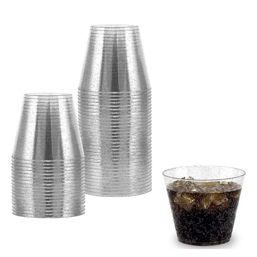 

50 Glitter Plastic Cups - 9 Oz Clear Plastic Cups Old Fashioned Tumblers -Silver Glitter Cups Disposable Wedding Cups Party Cup