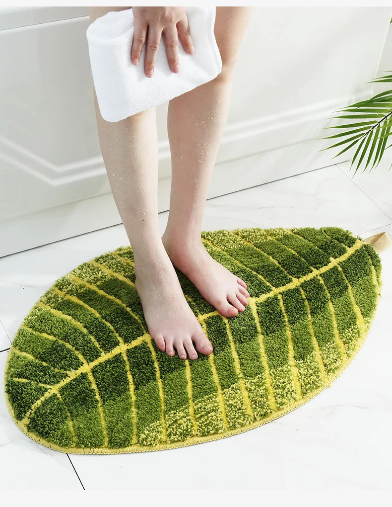 2020 Green Leaf Shape Non-Slip Bathroom Mat Home Decor Sofa Floor Carpet Bath Mats Quality Washable Bedroom Mat  Toilet Rug