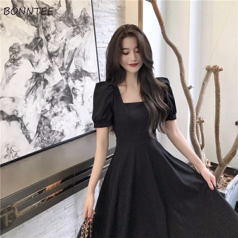 

Black Dress Women Hepburn-style French Vintage Simple Solid Square Collar Summer Party Lady Sundress Empire Chic Female Clothes