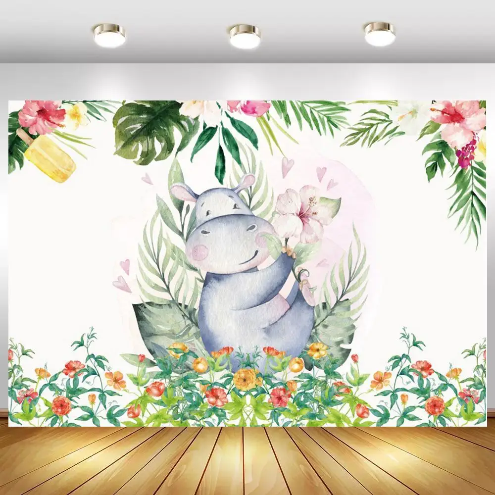 Tropical Leaves Flowers Hippo Baby Shower Photography Backdrops Newborn Baby 1st Birthday Cake Table Decor Photo Background