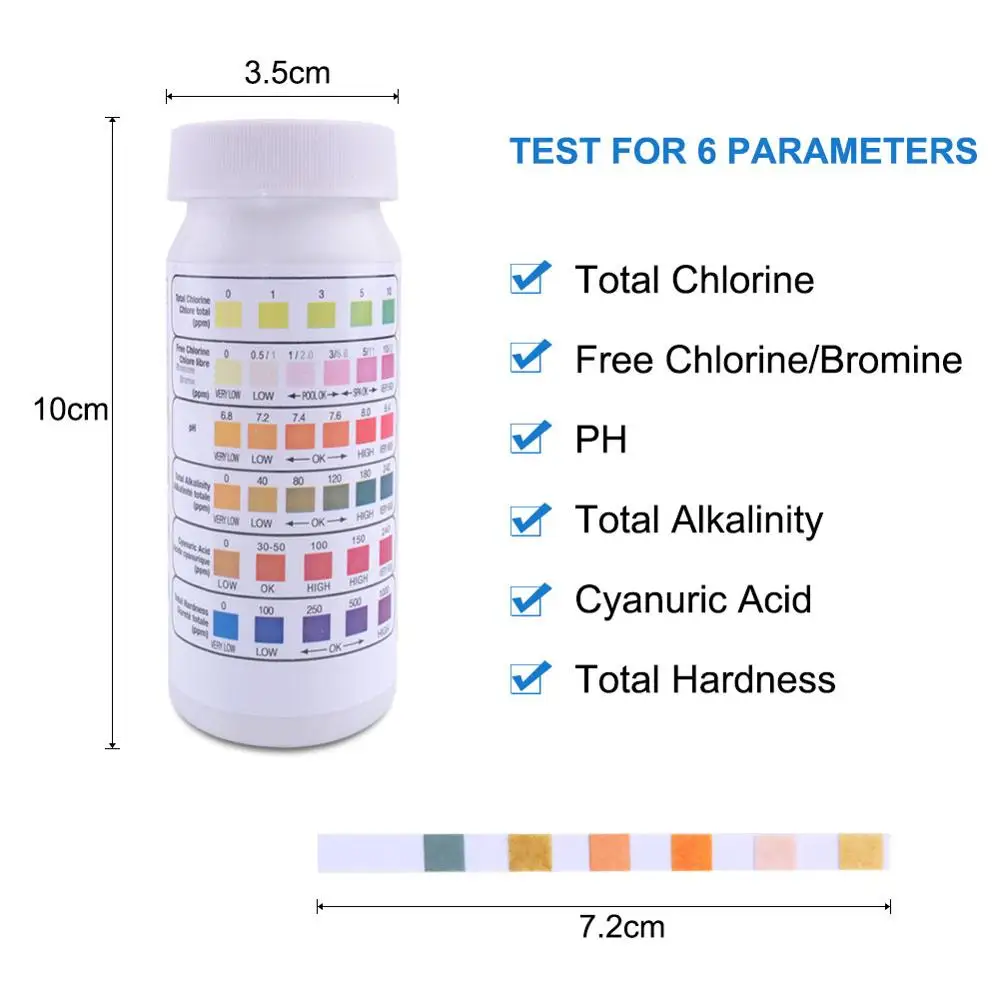 Bandelettes de Test de qualité de l'eau pour piscine 6 en 1, pour le chlore/chlore libre/brome/ph/alcalinité totale