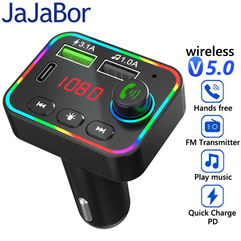 

JaJaBor FM Transmitter Bluetooth 5.0 Car Kit MP3 Player Handsfree Audio Receiver Support Colorful Atmosphere Light Display