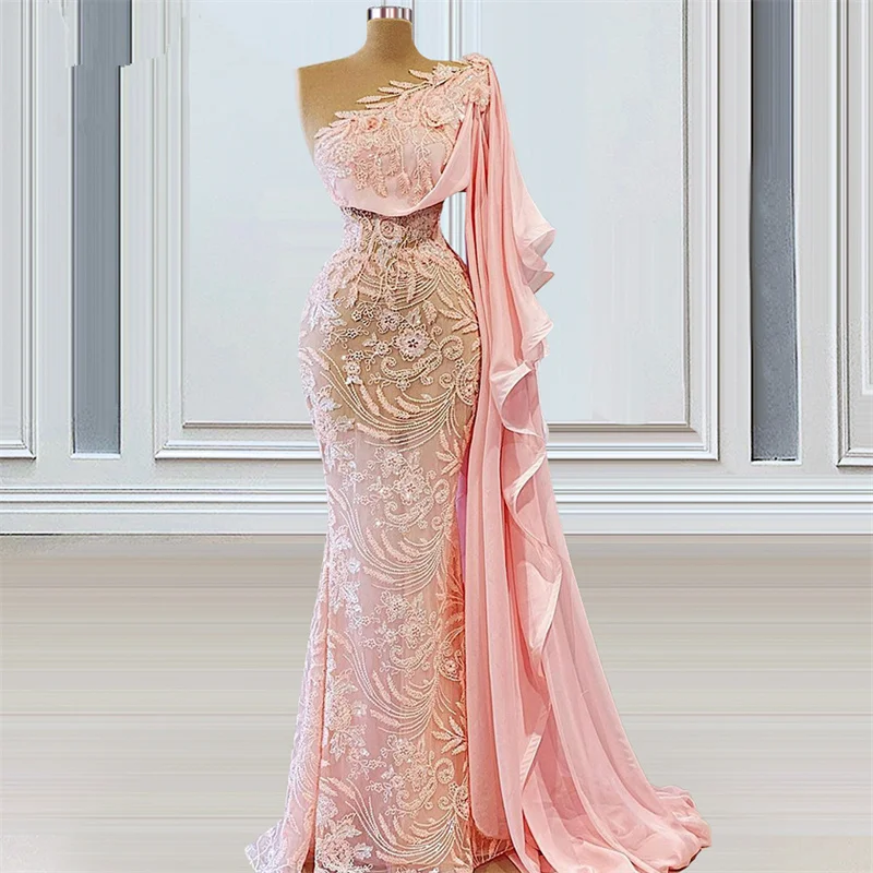 Chic Pink Mermaid Prom Dresses One Shoulder Lace Appliques Evening Dress Custom Made Front Split Floor Length Party Gown