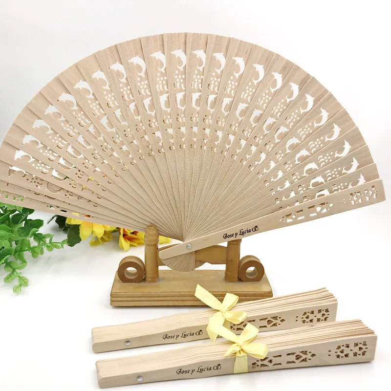 80PCS Sandalwood Wedding Fan in Dolphin Design with Ribbon Bow Silk Screen Printing Name&Date Wood Fans Outdoor Party Decoration