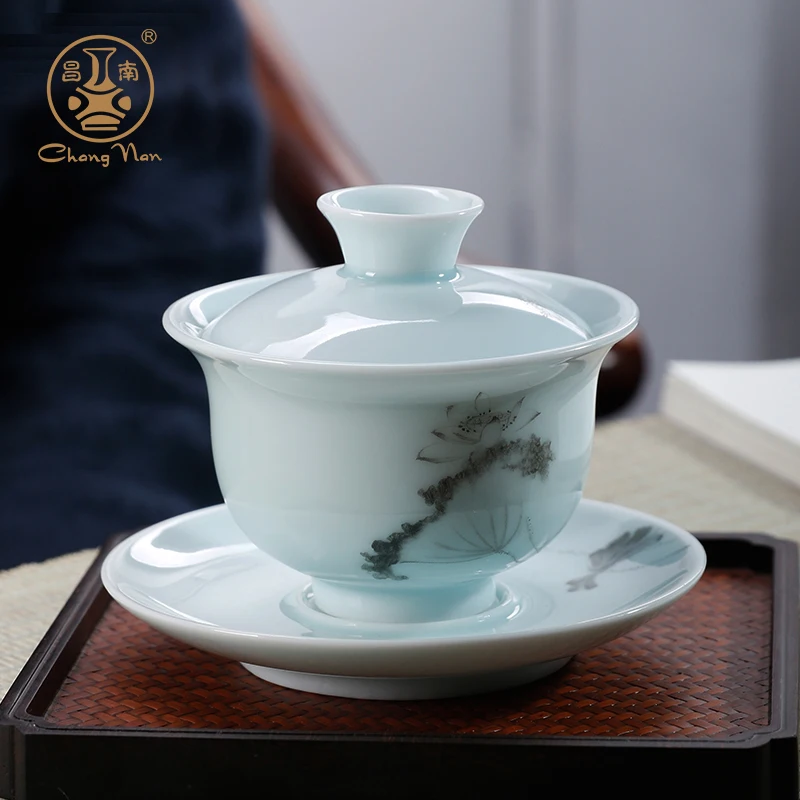 

|jingdezhen ceramic tureen kung fu tea set only three bowls of jade porcelain bowl large powder enamel teapot teacup