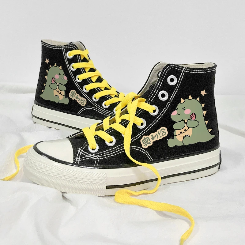 Amy and Michael Fashion Anime Cartoon Dinosaur Sneakers Women Students High Top Black Canvas Shoes Lovely Cute Vulcanize Shoes