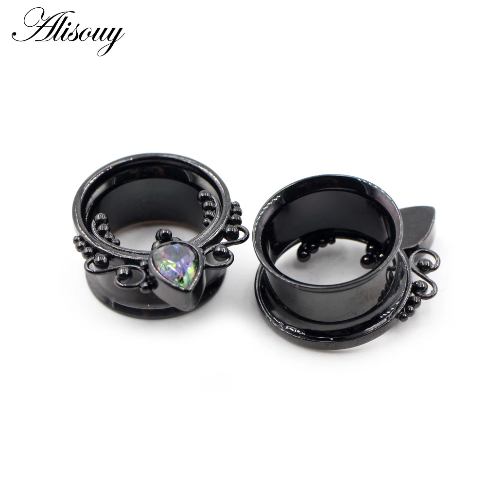 Alisouy 2pcs Punk Stainless Steel Water Drop Zircon Ear Tunnels Plugs Ear Expander Flesh Gauges Stretchers Body Piercing Jewelry