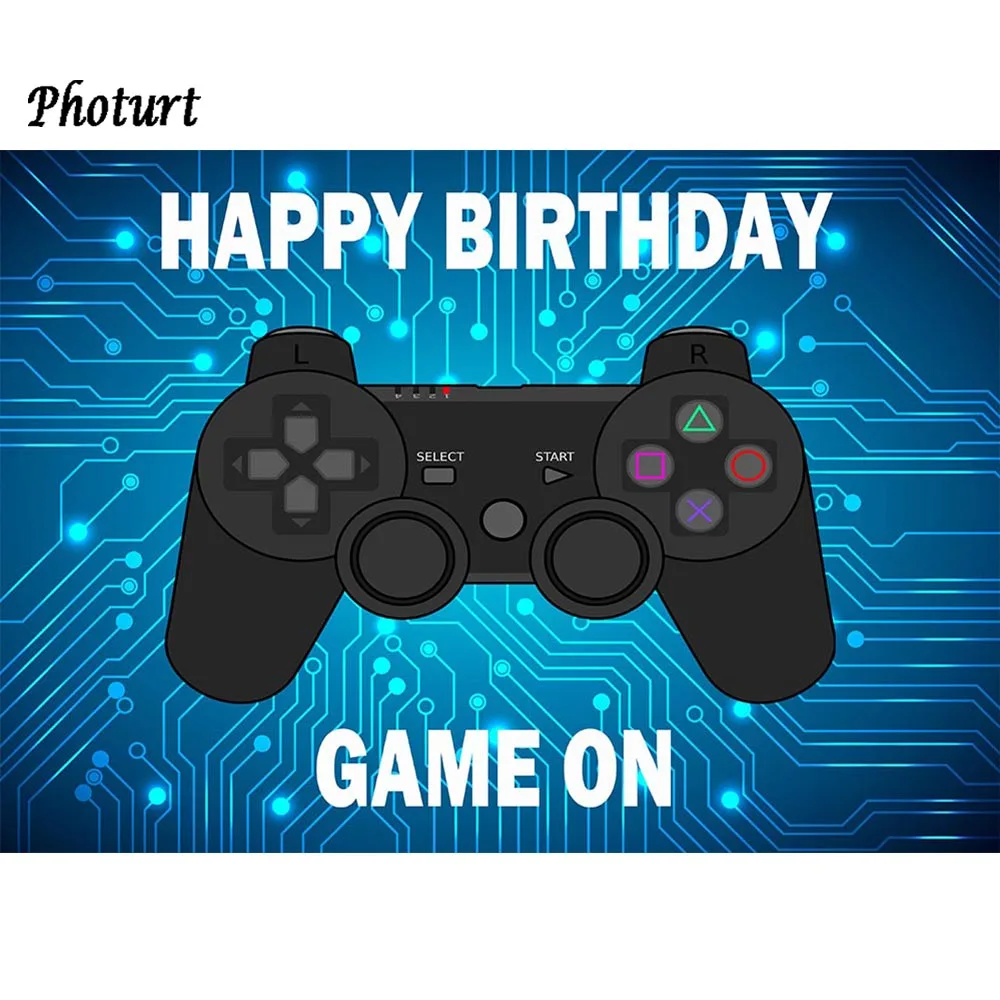 PHOTURT Play Station Controller Backdrop Kids Birthday Photo Background Blue Xbox Game on Vinyl Photography Booth Props