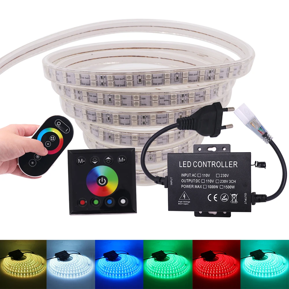 

220V 240V RGB LED Strip Lamp 120leds/m 1500W Controller+Touch Remote Waterproof Outdoor Indoor Flexible Tape LED Rope Light