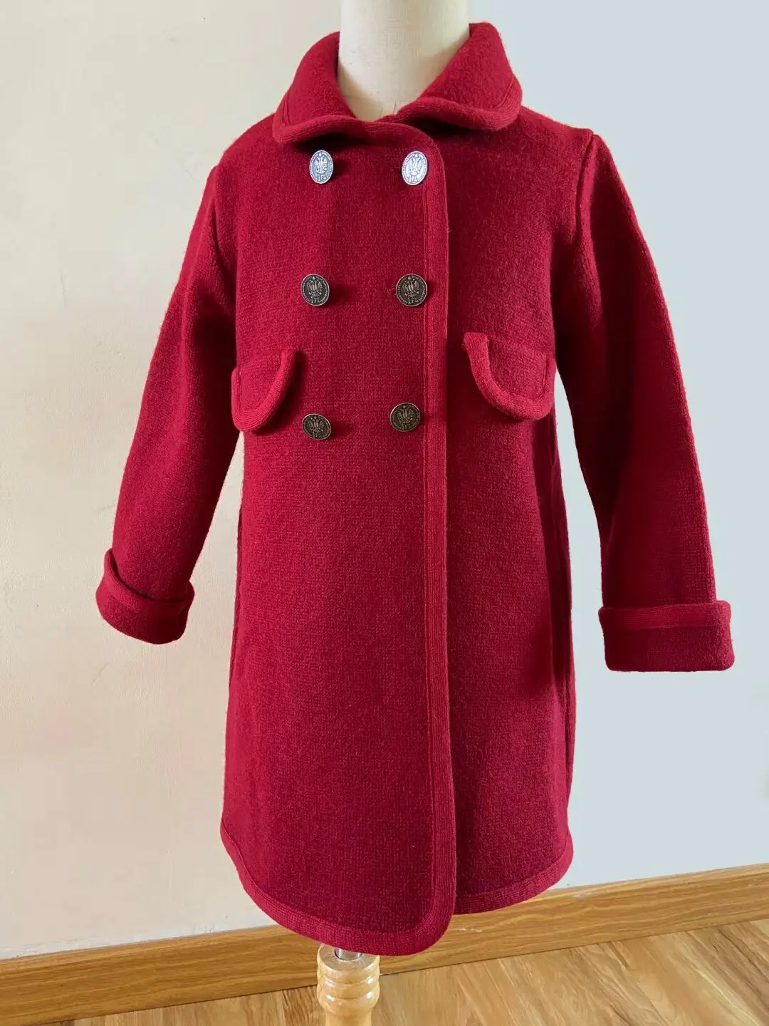 Spanish Winter New Girls Wool Coat Double Row Button Wine Red Coat Size 3-12years Baby Girl Winter Clothes Christmas Jacket