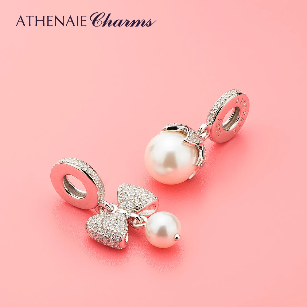 ATHENAIE 925 Sterling Silver with Pave Clear CZ Luminous Elegance White Pearl Drops Charms Fit Women Bracetes & Bangle Jewelry