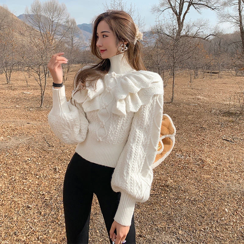 Ruffled Floral White Knitted Sweater Women Fashion Vintage Turtleneck Lantern Sleeve Female Elegant Pullovers Chic Retro Knitwea