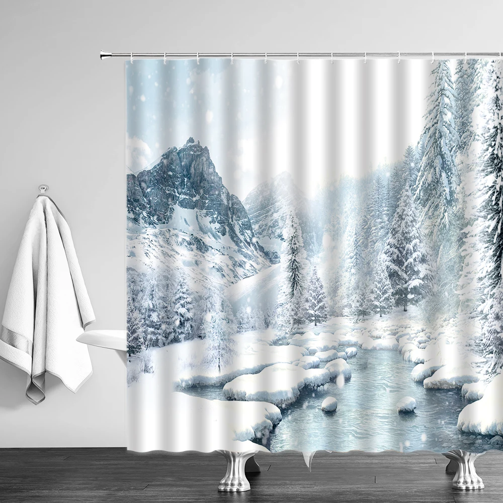 Winter Shower Curtain Set With Hooks Christmas Forest Snow Scene Pine Tree Bathroom Curtains Durable Polyester Fabric Home Decor