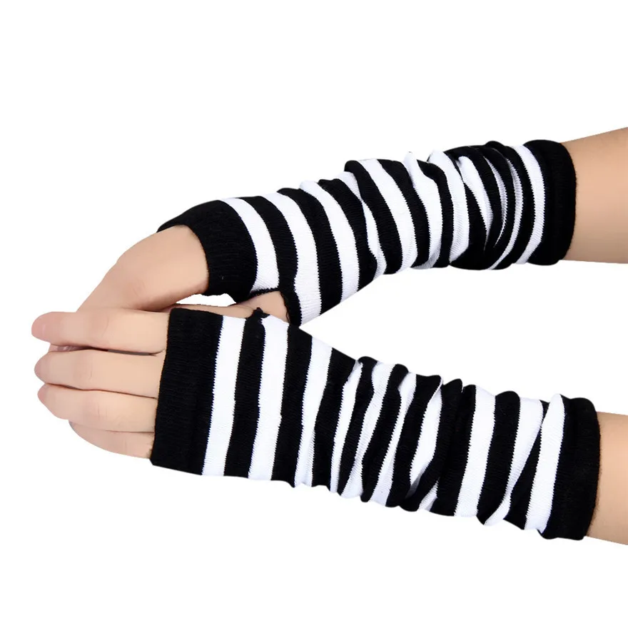 Women Long Sleeve Striped Fingerless Arm Warm Knitted Women\'s Wristband Solid Color Fashion Gloves Mittens Accessories