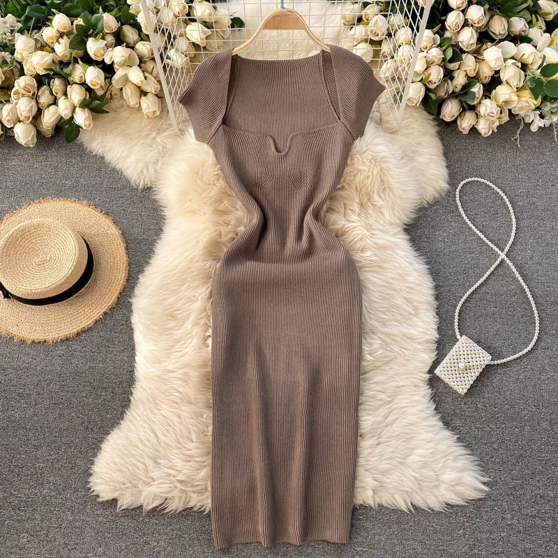 Croysier Spring Summer Short Cap Sleeve Knitted Sexy Bodycon Dress Back Slit Square Neck Casual Vintage Elegant Midi Dress Women