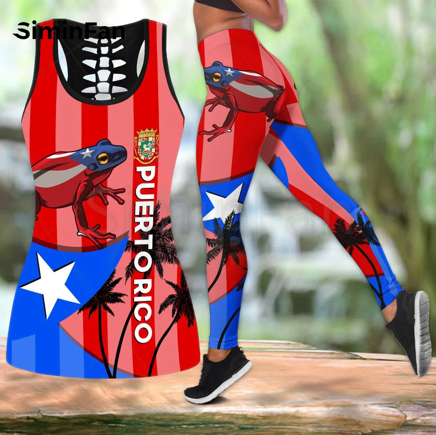 Puerto Rico Skull Frog Combo Outfit Two Piece Yoga Sets Women 3D Printed Hollow Out Tank Top Leggings Summer Vest Casual Pant 08