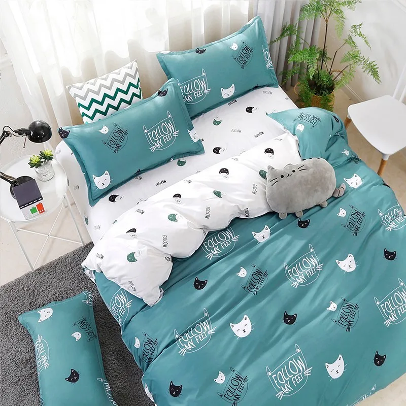 Home Textile Cyan Cute Cat Kitty Duvet Cover Pillow Case Bed Sheet Boy Kid Teen Girl Bedding Linens Set King Queen Twin