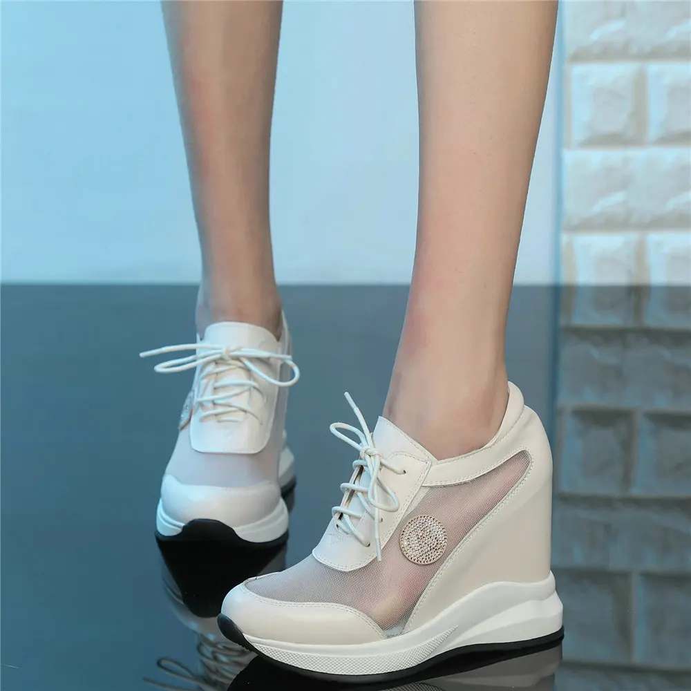 Casual Shoes Women Lace Up Genuine Leather Wedges High Heel Ankle Boots Female Round Toe Fashion Sneakers Breathable Pumps Shoes