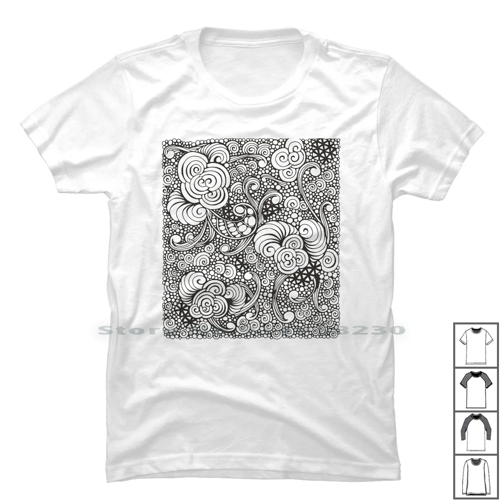 Zentangle Inspired Pattern In Black T Shirt 100% Cotton Black And White Hand Drawn Pattern Inspire Digital Doodle White Angle