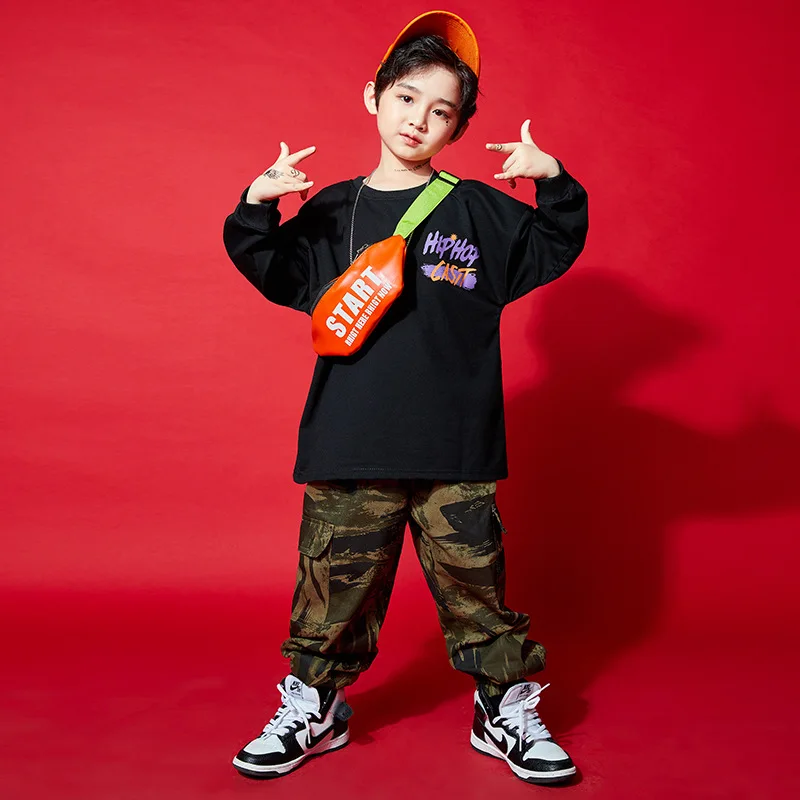 Kid Kpop Hip Hop Clothing Oversized Sweatshirt Top Camo Streetwear Tactical Cargo Pants for Girl Boy Jazz Dance Costume Clothes