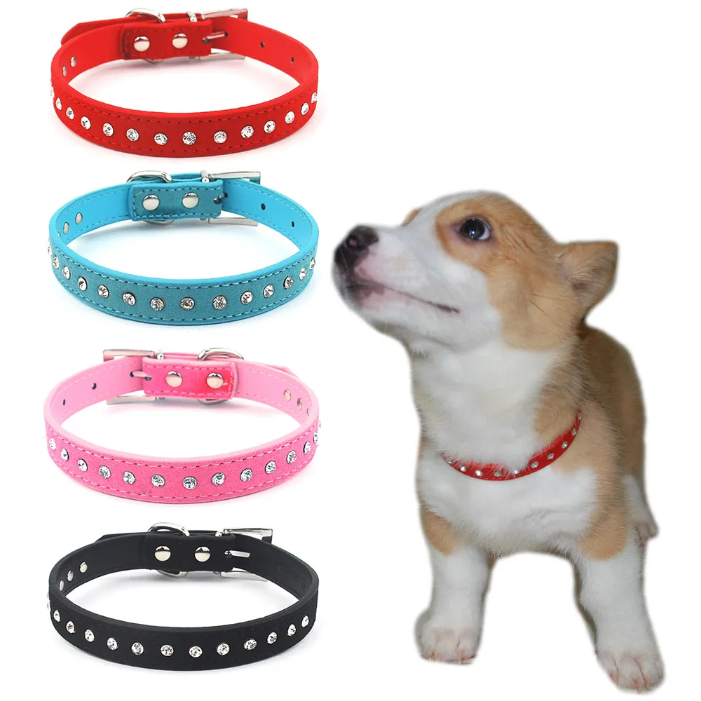 Dog Collar Bling Rhinestone Soft Suede Imitation Leather Collar Pet Accessories Crystal Diamond Collar for Small Medium Dogs