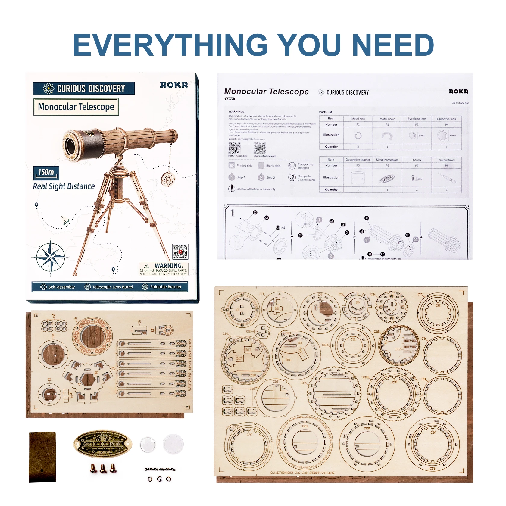 Robotime Rokr 1:1 fai da te 314 pezzi telescopio monoculare telescopico modello in legno kit di costruzione assemblaggio giocattolo regalo per bambini adulti