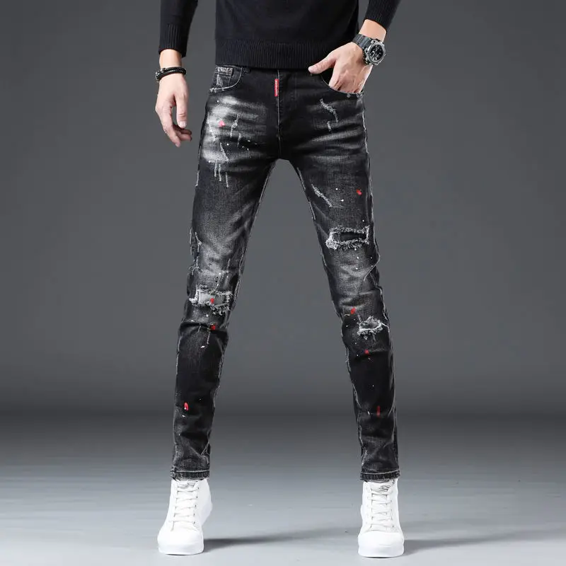 Korea Version Men’s Noble Black Ripped Jeans,Stylish Slim Stretch Jeans,Light Luxury Splash Ink Print Jeans,Sexy Street Jeans;