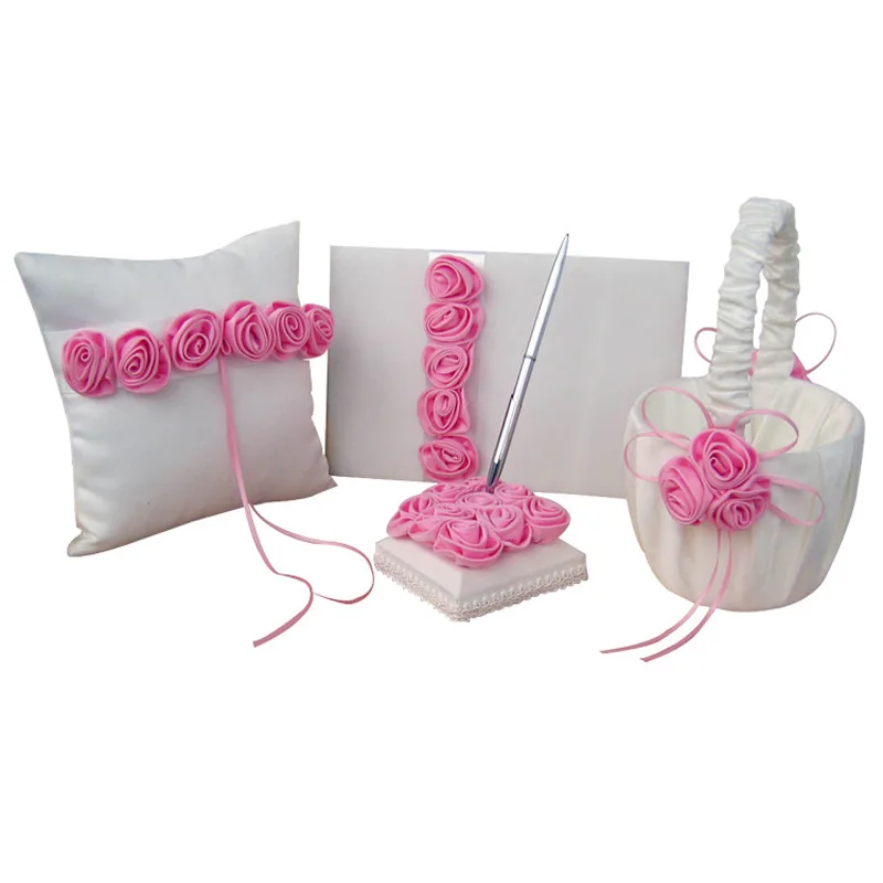 Satin Wedding Sets for Bride, European Rose Decor, Ring Pillow, Flower Basket, Guest Book, Pen , Wedding Supplies, 4 PCs/Set